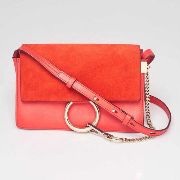 Chloe Red Leather and Suede Small Faye Crossbody Bag - Picture 1 of 12